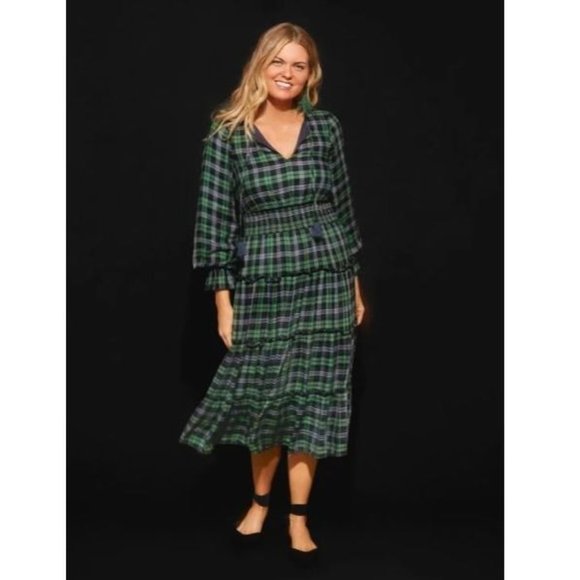 SAIL TO SABLE Blackwatch Plaid Smocked Waist Midi Dress XS - Picture 3 of 6